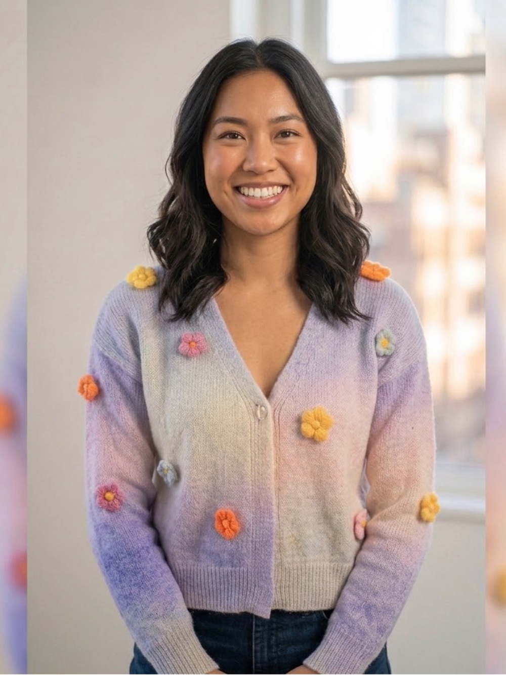 Cardigan Jean Louis Francoise , polyester, acrylic fabric with sewn flowers.